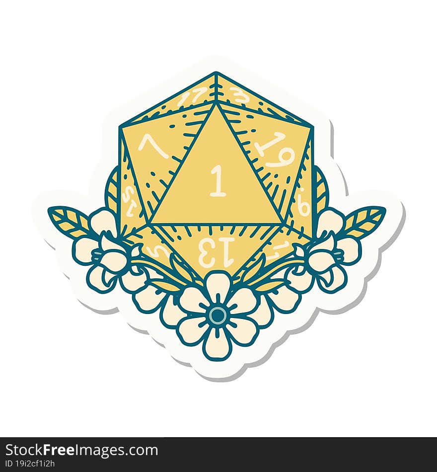 sticker of a natural one dice roll with floral elements. sticker of a natural one dice roll with floral elements