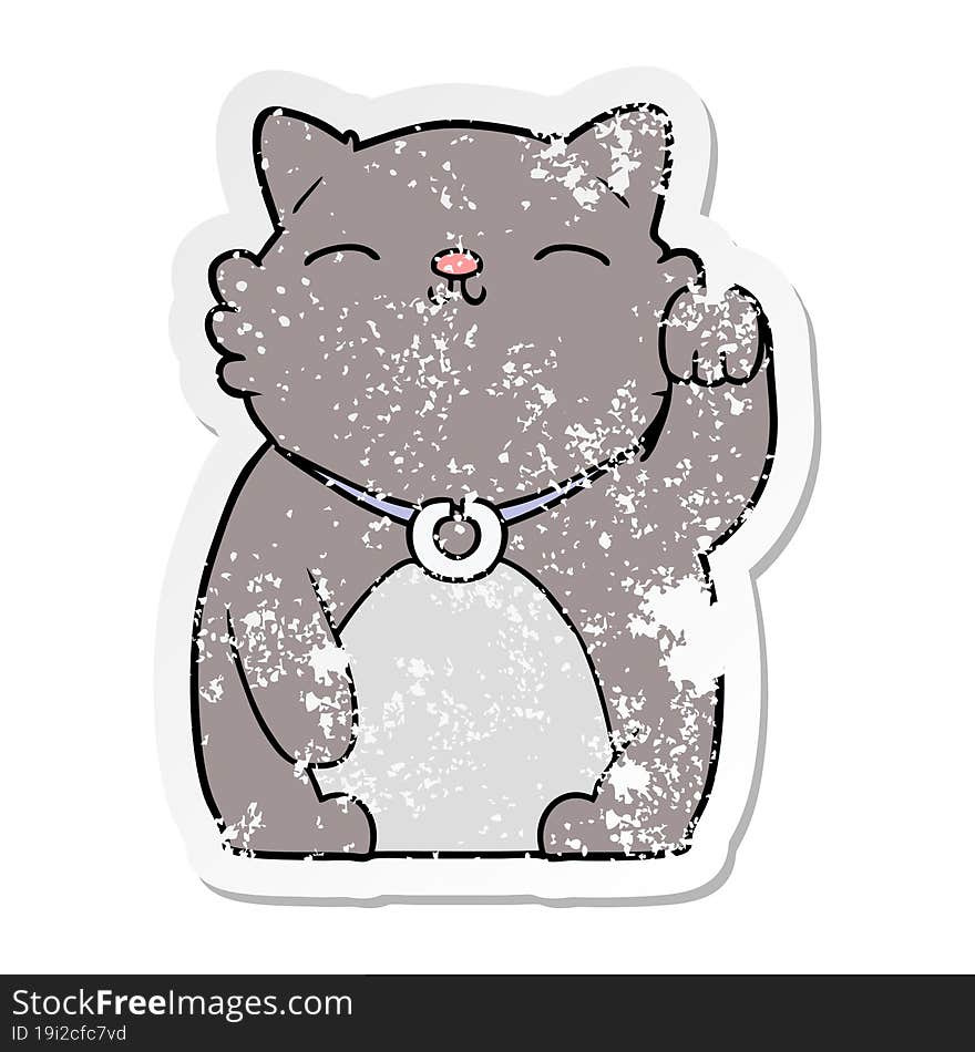 distressed sticker of a cartoon cat waving