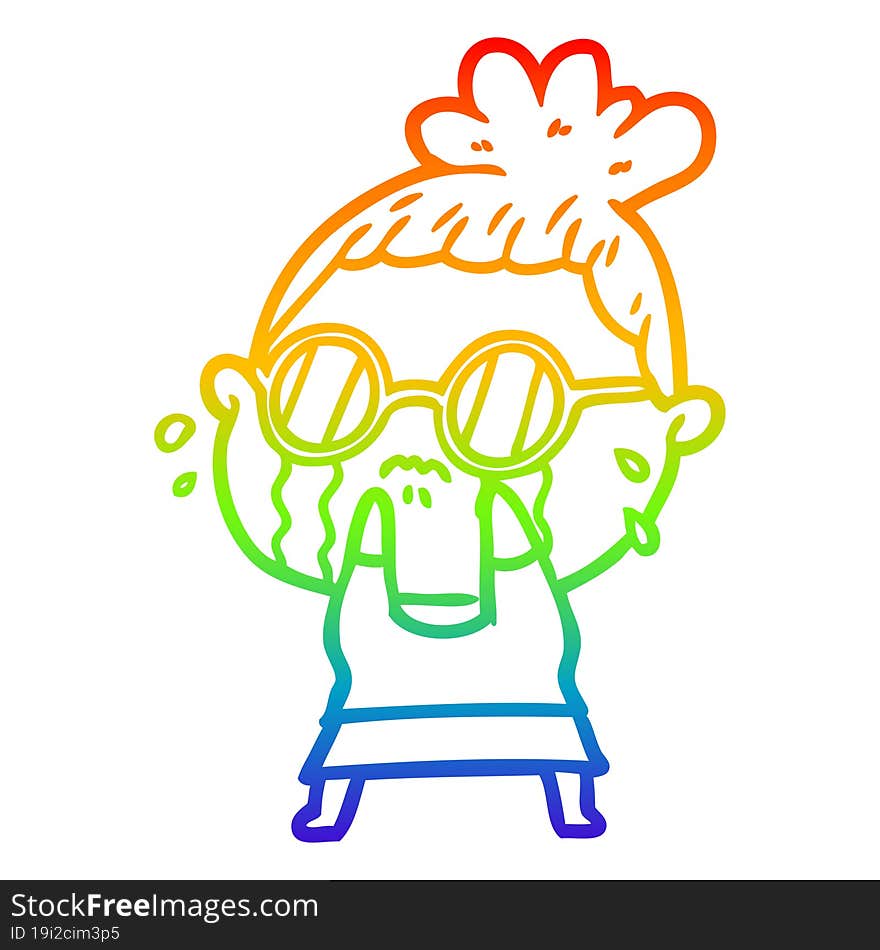 Rainbow Gradient Line Drawing Cartoon Crying Woman Wearing Sunglasses