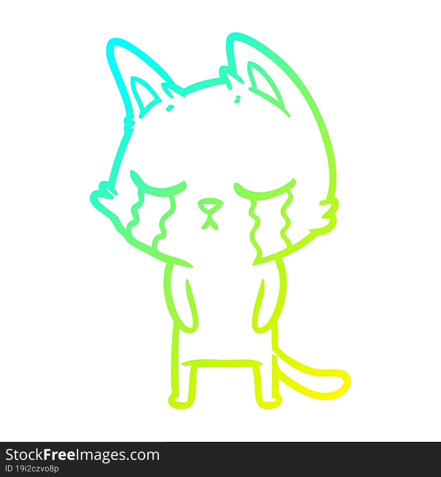 cold gradient line drawing of a crying cartoon cat