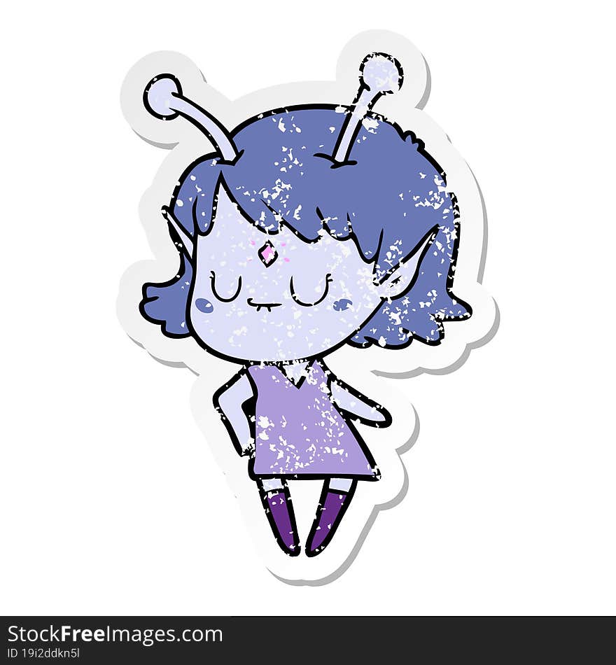 distressed sticker of a cartoon alien girl