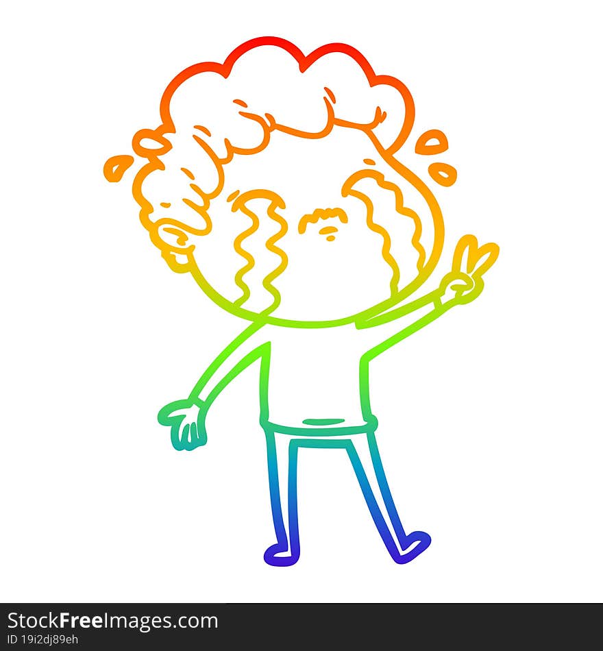 rainbow gradient line drawing of a cartoon man crying