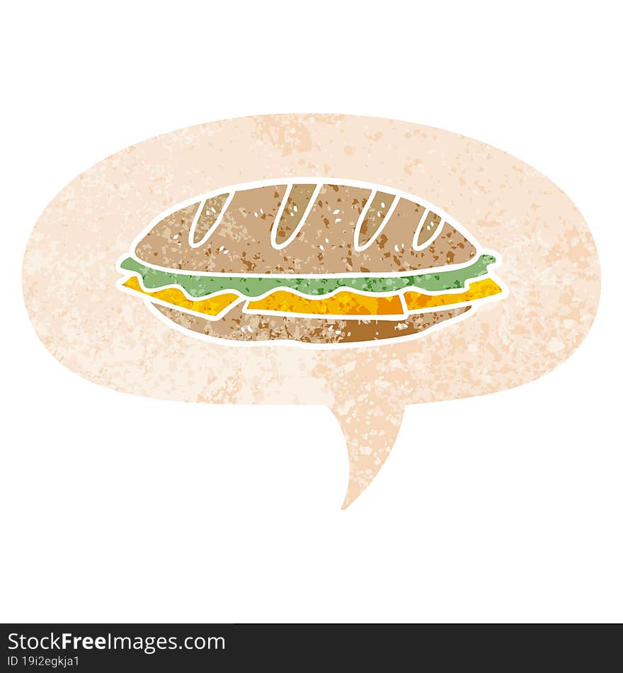 Cartoon Cheese Sandwich And Speech Bubble In Retro Textured Style