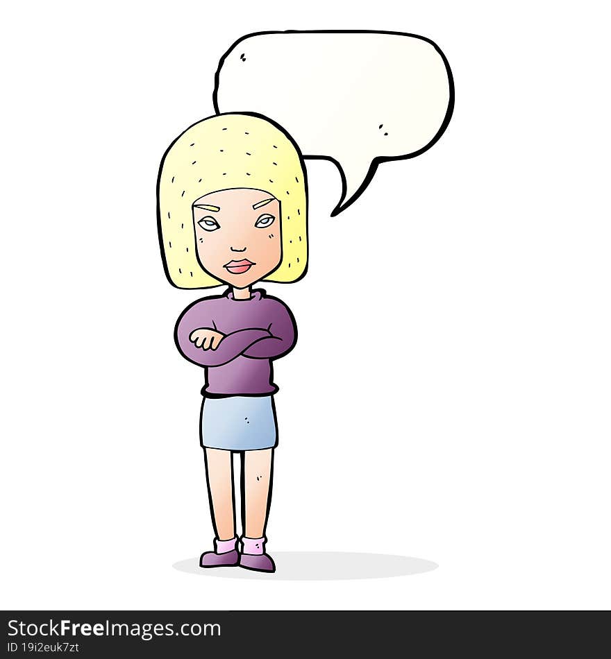 cartoon woman with crossed arms with speech bubble