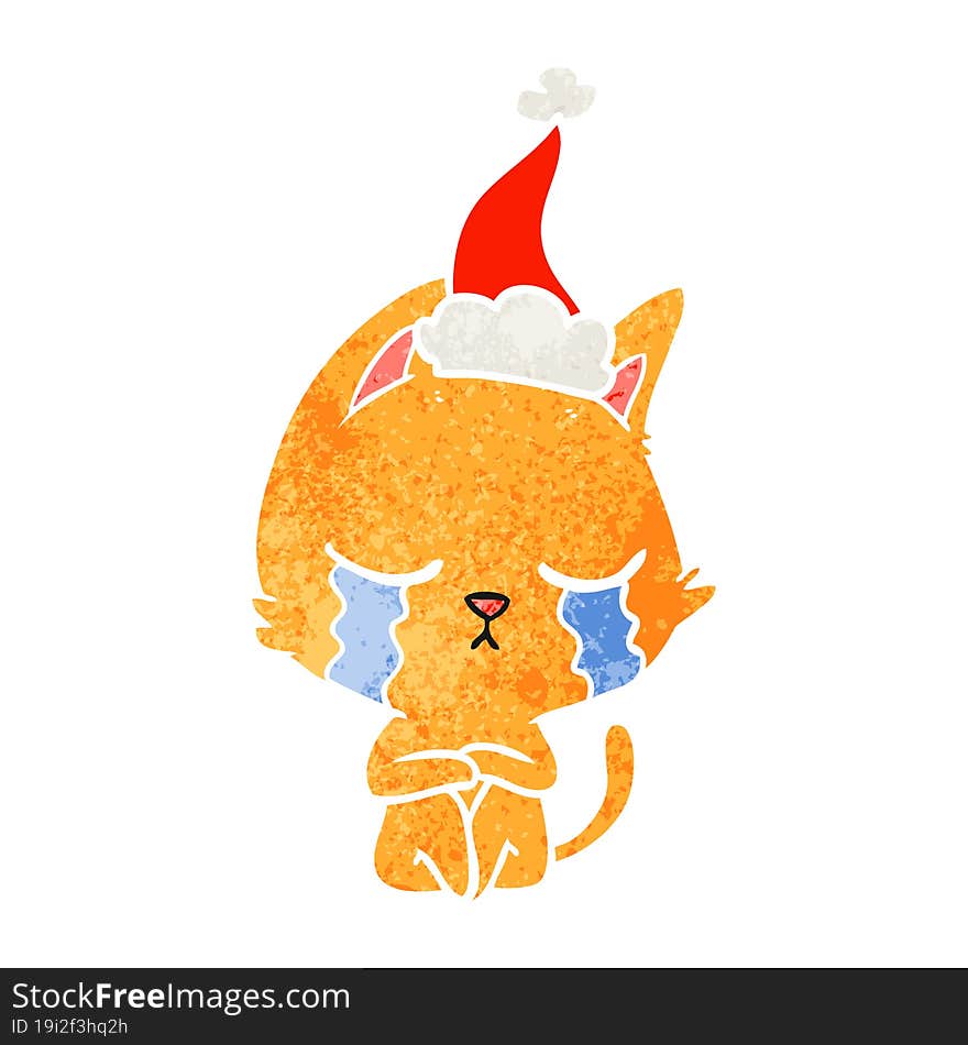 crying retro cartoon of a cat sitting wearing santa hat