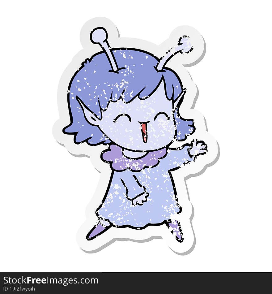 distressed sticker of a cartoon alien girl laughing