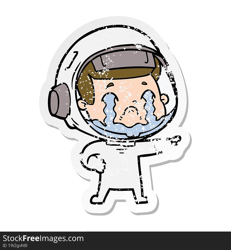 distressed sticker of a cartoon crying astronaut