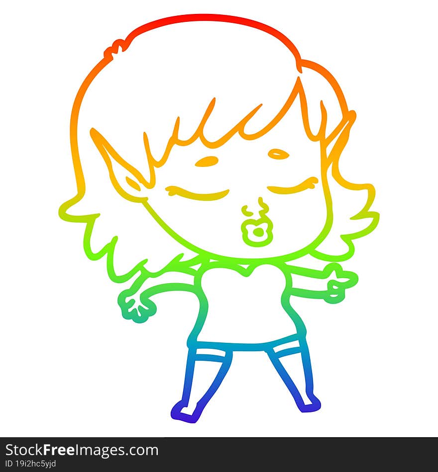 Rainbow Gradient Line Drawing Pretty Cartoon Elf Girl