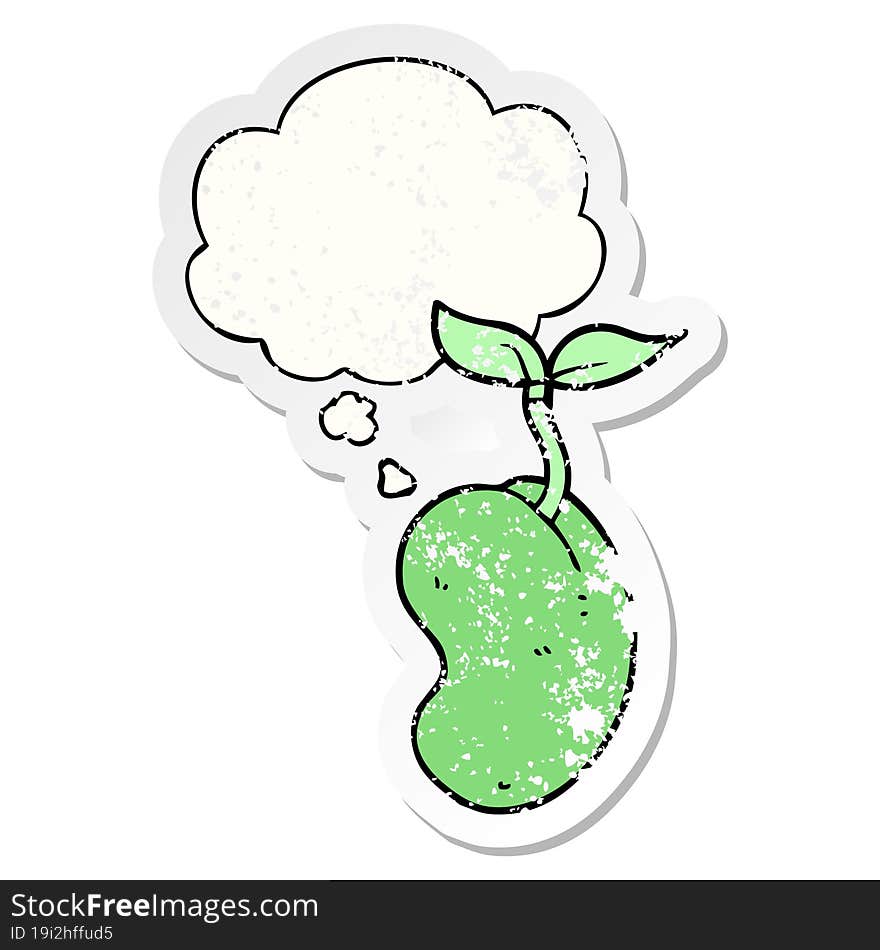 cartoon sprouting seed and thought bubble as a distressed worn sticker