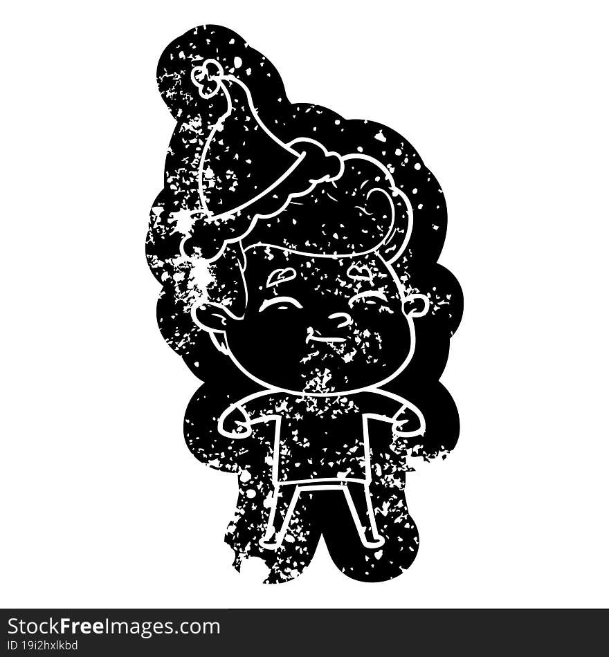 happy cartoon distressed icon of a man wearing santa hat