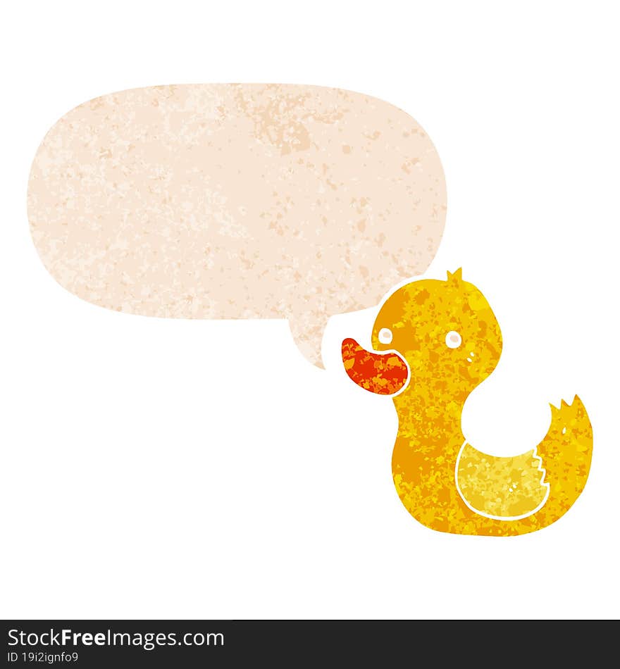 cartoon duck and speech bubble in retro textured style