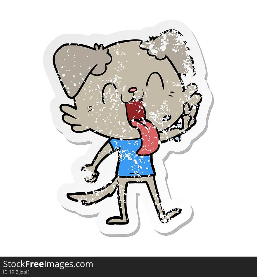 distressed sticker of a cartoon panting dog