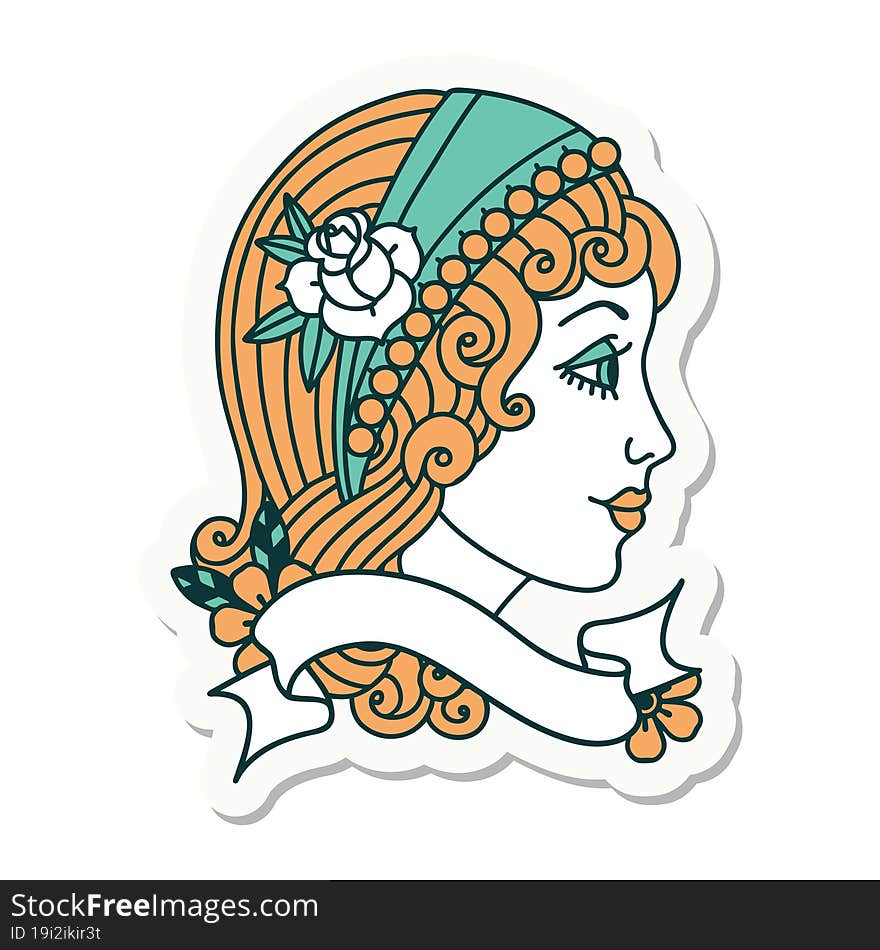 tattoo sticker with banner of a gypsy head