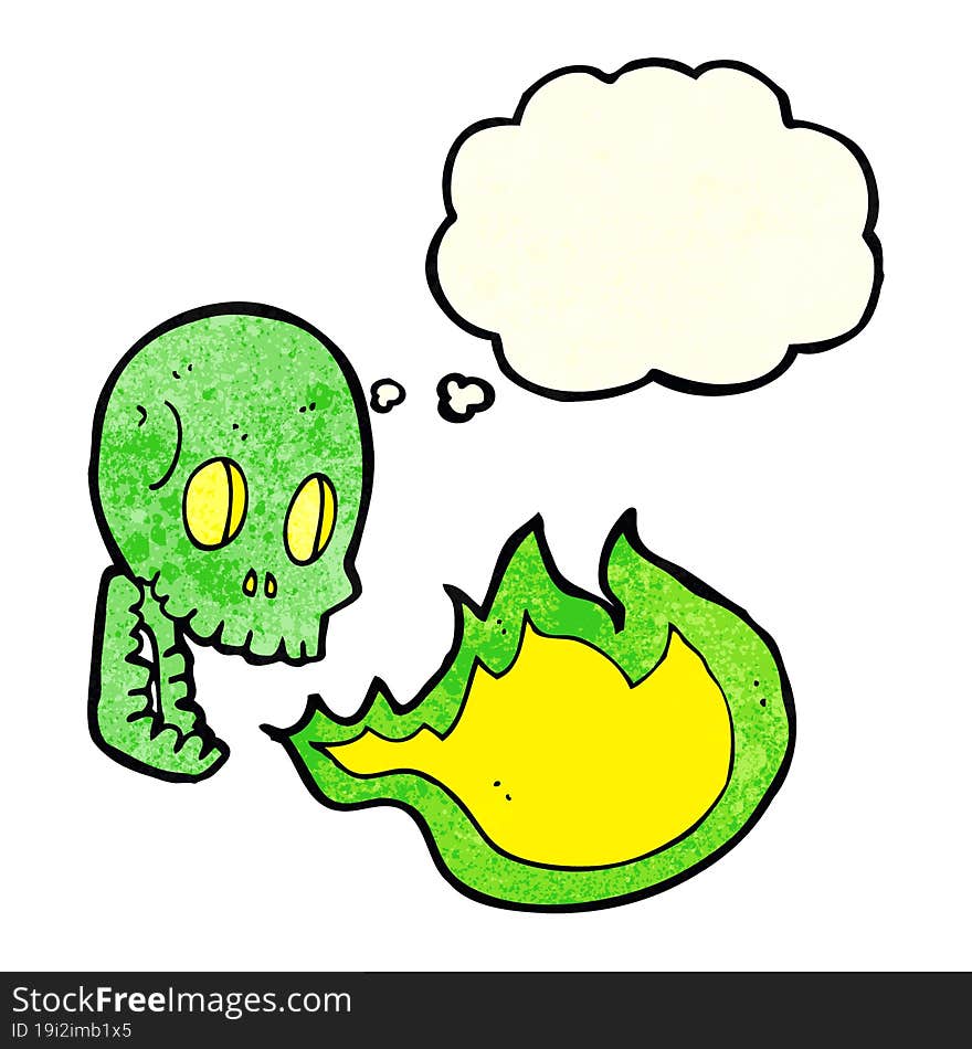 cartoon fire breathing skull with thought bubble