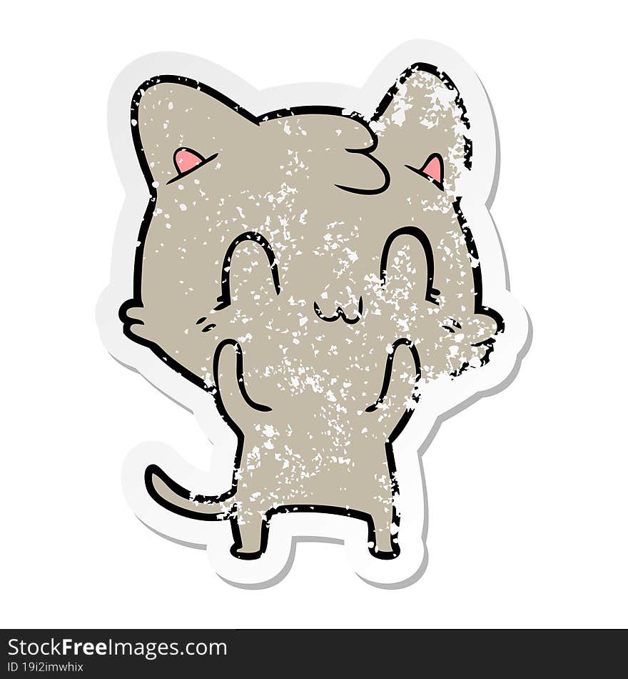 distressed sticker of a cartoon happy cat