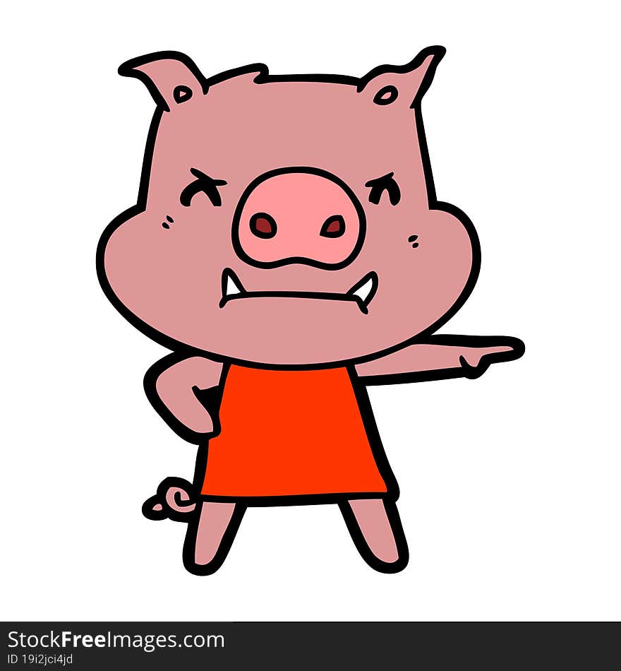 angry cartoon pig in dress pointing. angry cartoon pig in dress pointing