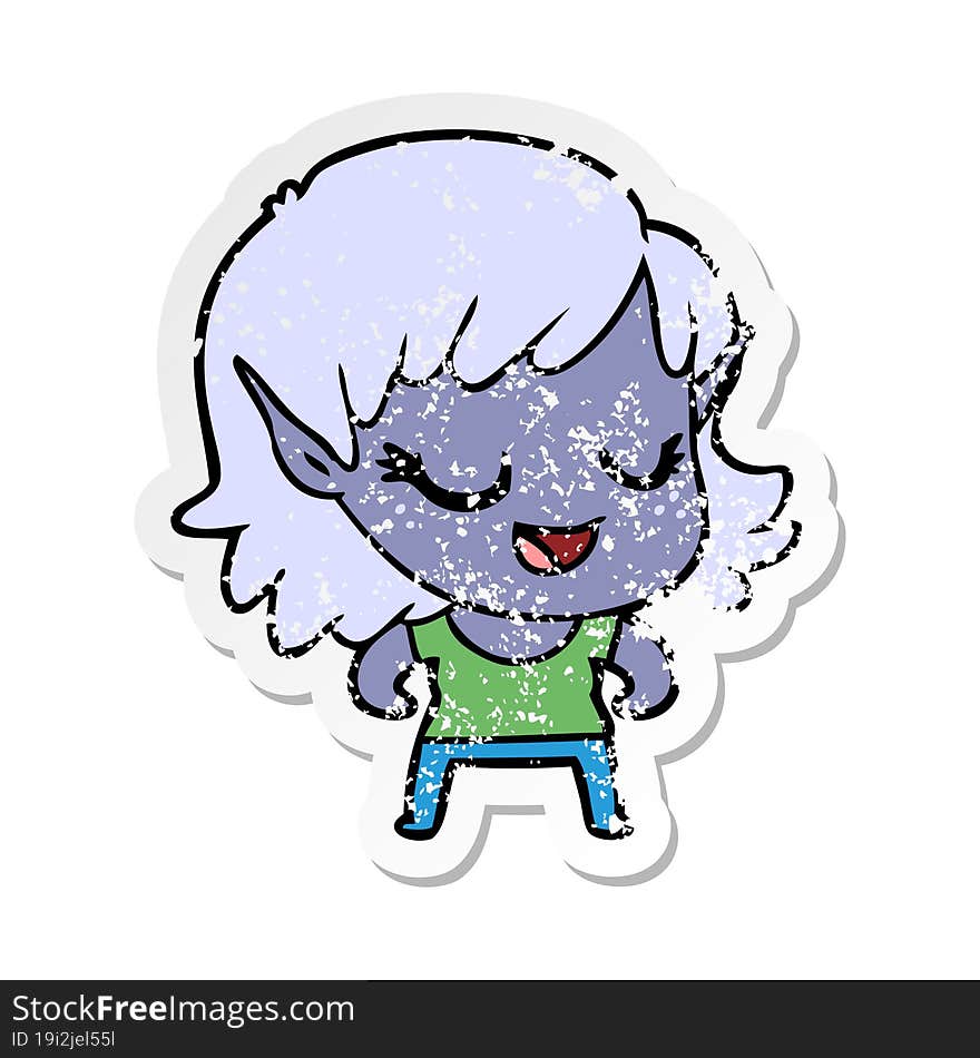 Distressed Sticker Of A Happy Cartoon Elf Girl