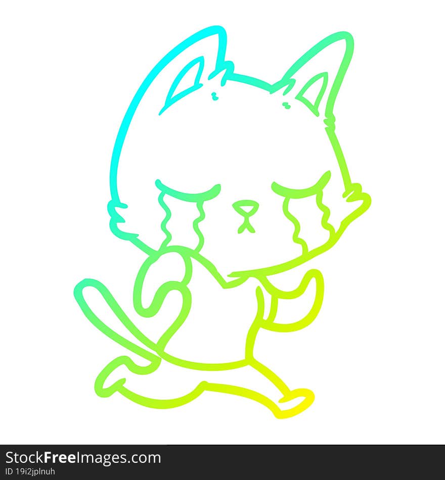 cold gradient line drawing crying cartoon cat running away