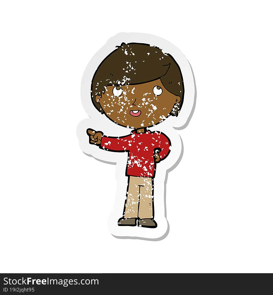 Retro Distressed Sticker Of A Cartoon Boy Pointing