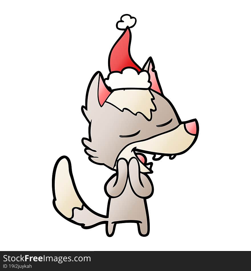 gradient cartoon of a wolf laughing wearing santa hat