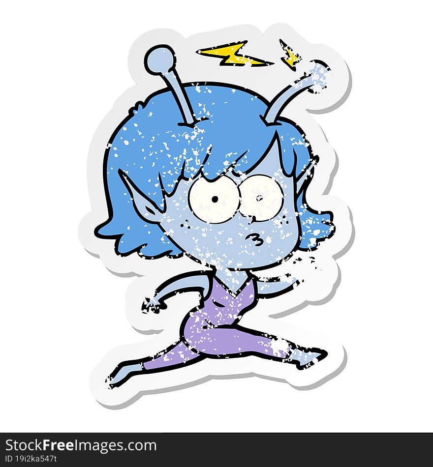 distressed sticker of a cartoon alien girl