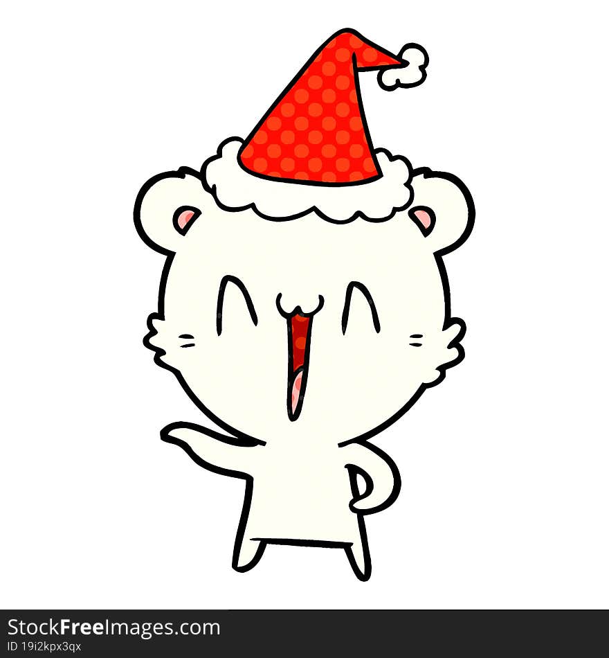 laughing polar bear comic book style illustration of a wearing santa hat