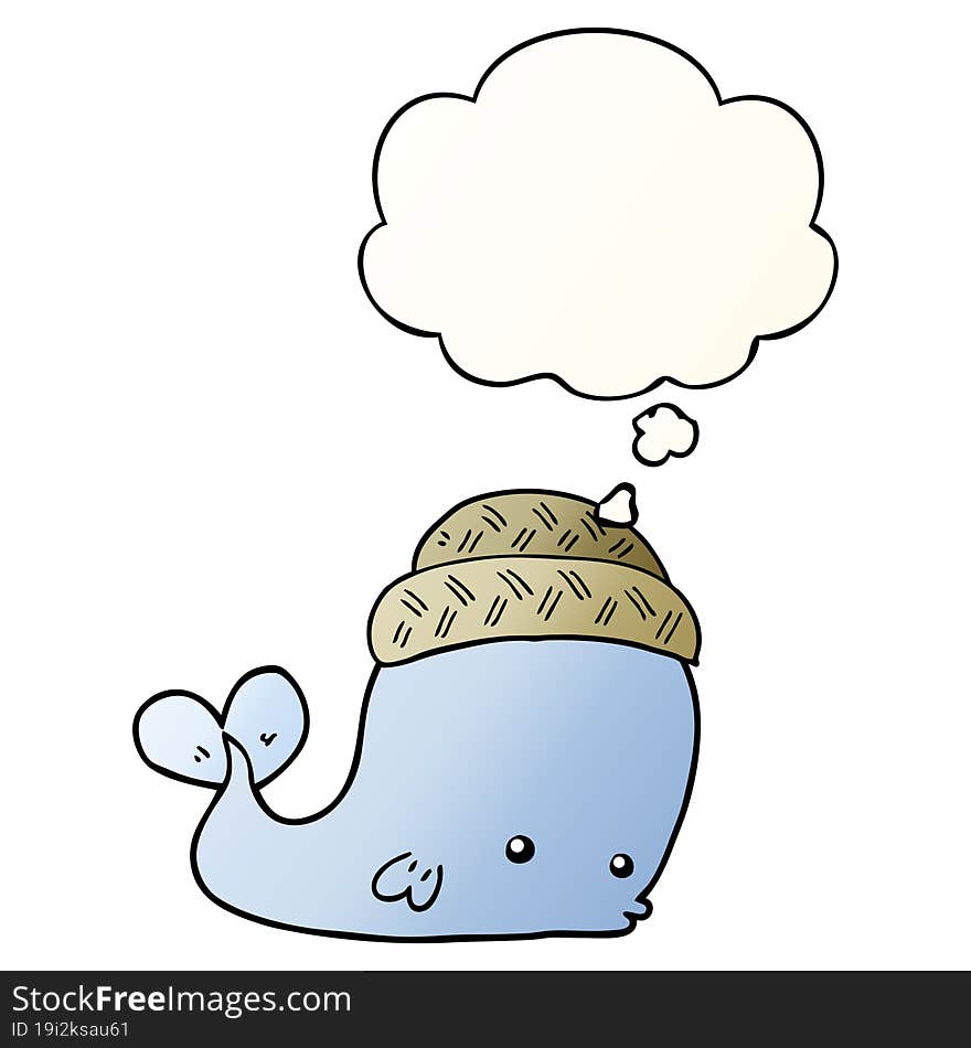 cartoon whale wearing hat and thought bubble in smooth gradient style