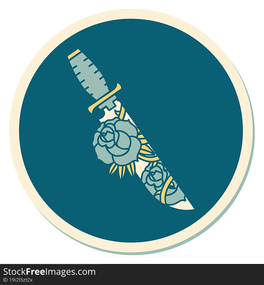 Tattoo Style Sticker Of A Dagger And Flowers