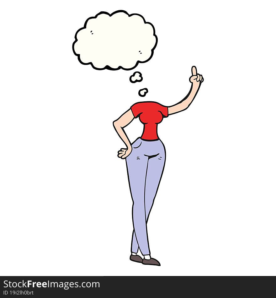 freehand drawn thought bubble cartoon female body with raised hand