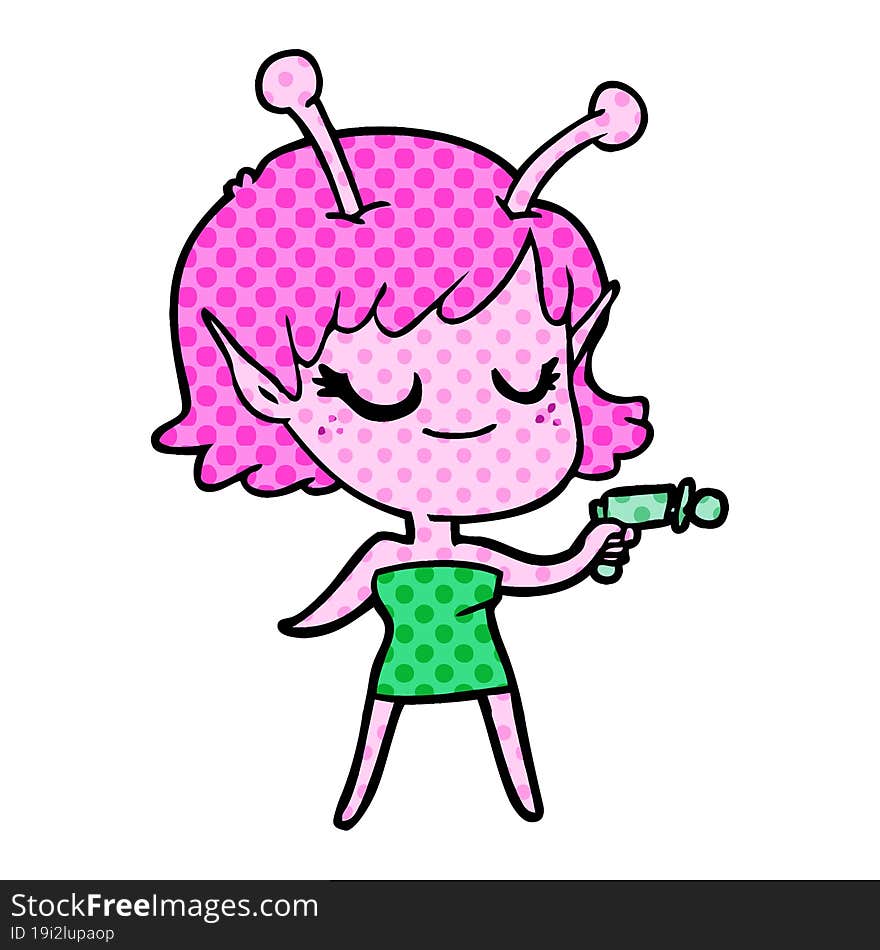 smiling alien girl cartoon pointing ray gun. smiling alien girl cartoon pointing ray gun