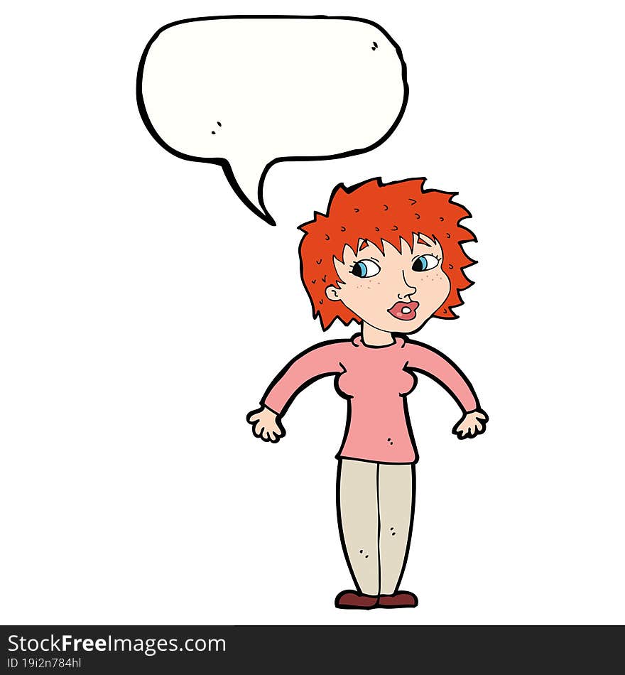 cartoon woman shrugging shoulders with speech bubble