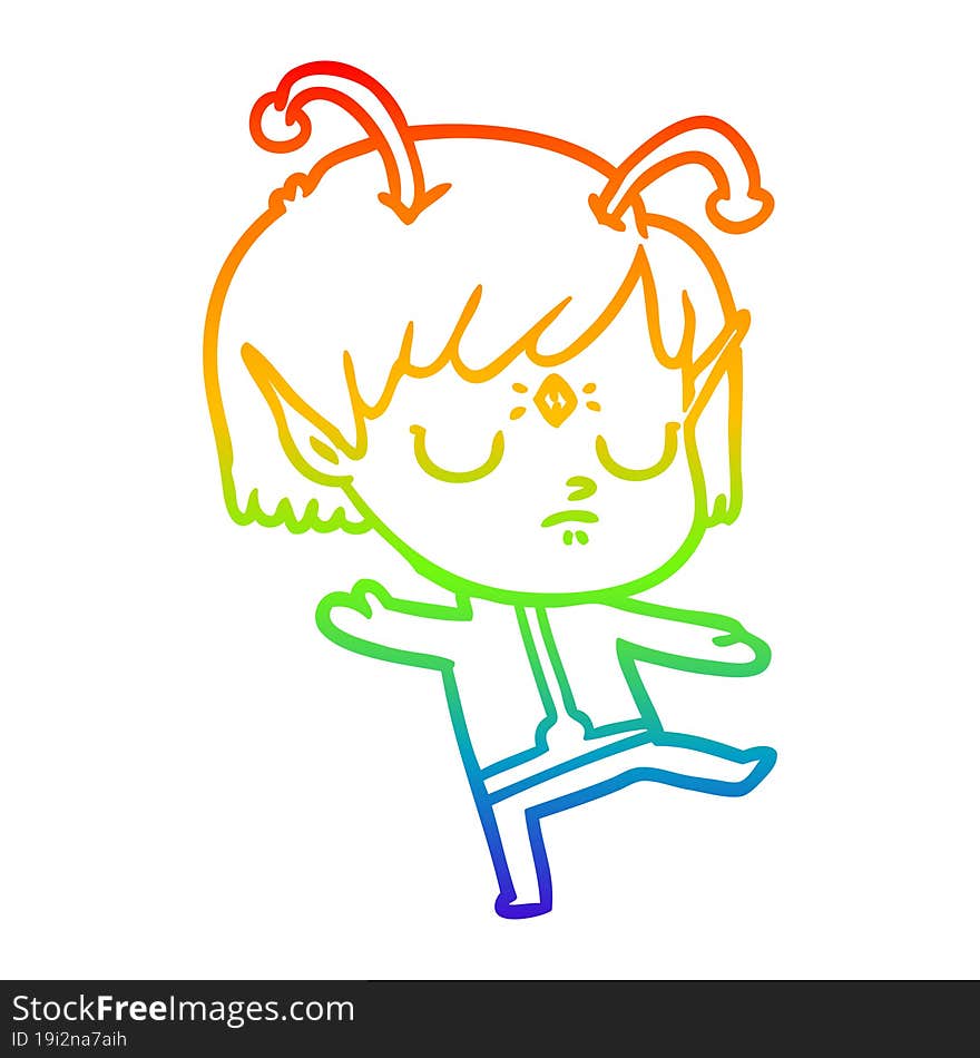 rainbow gradient line drawing of a cartoon alien girl