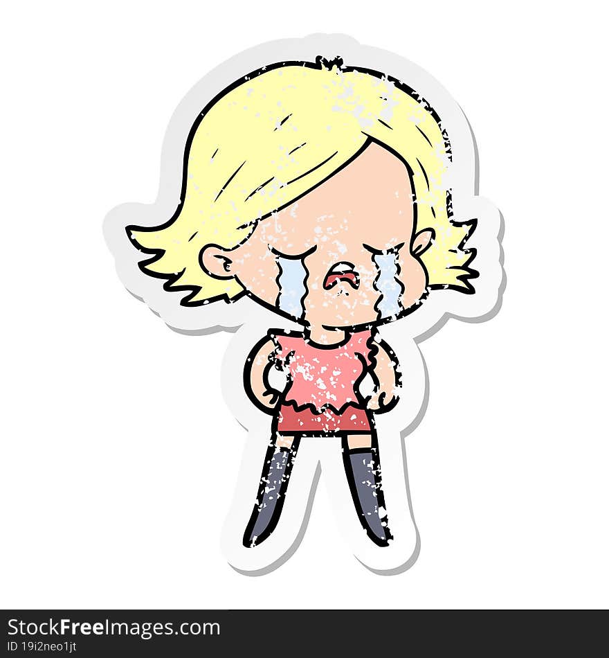 distressed sticker of a cartoon girl crying