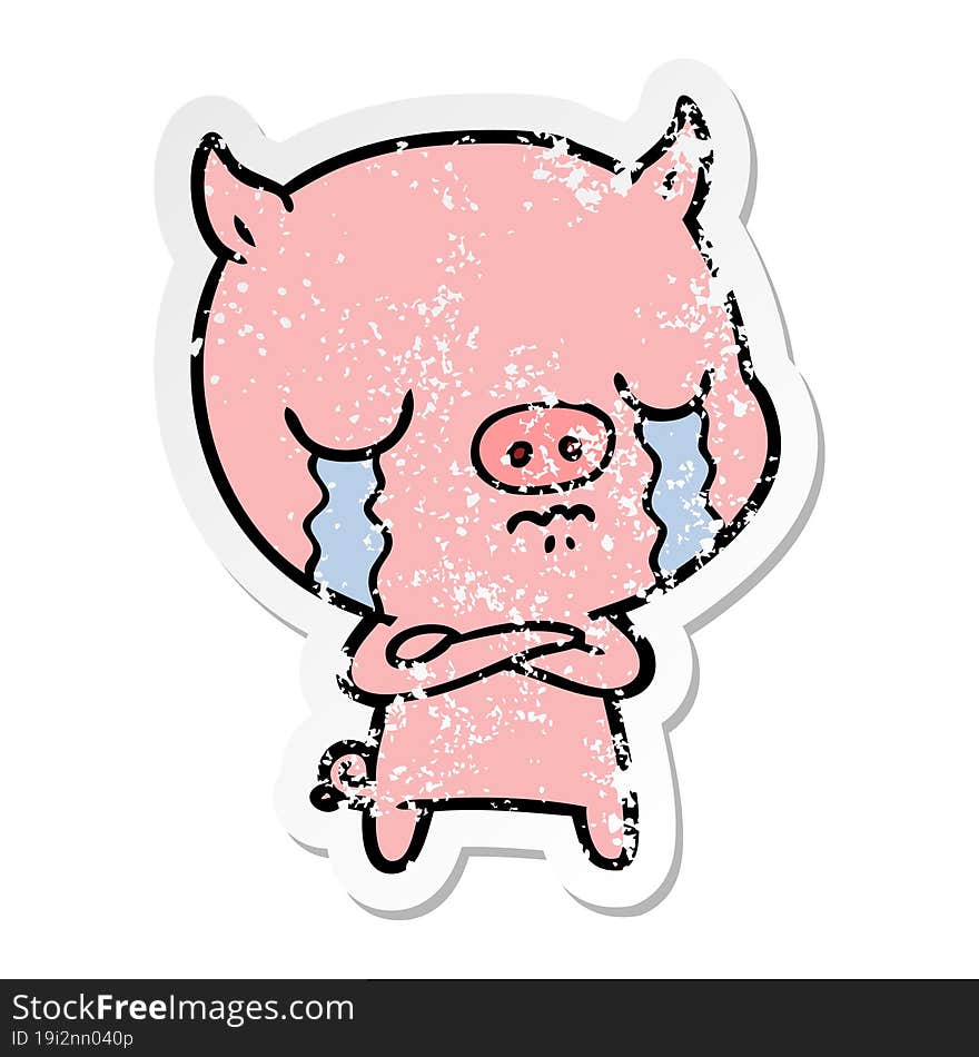 distressed sticker of a cartoon pig crying