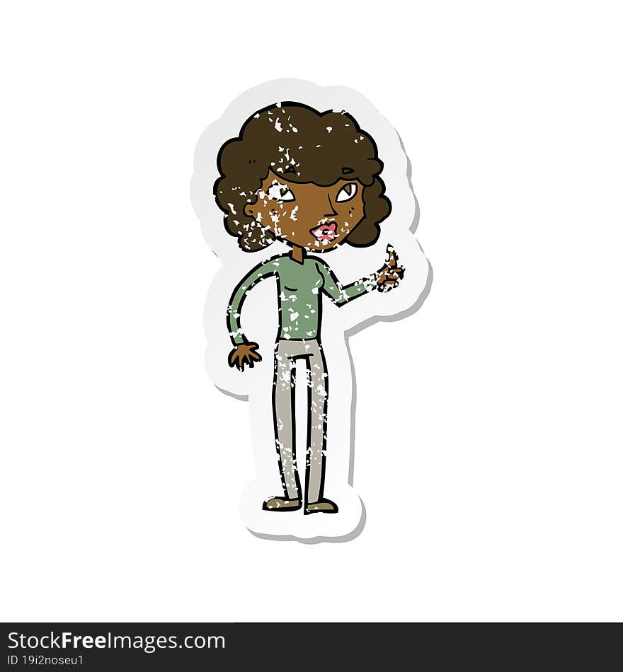 retro distressed sticker of a cartoon woman giving thumbs up symbol