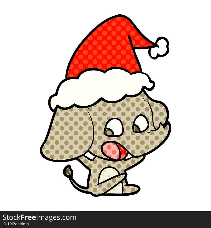 Cute Comic Book Style Illustration Of A Elephant Wearing Santa Hat