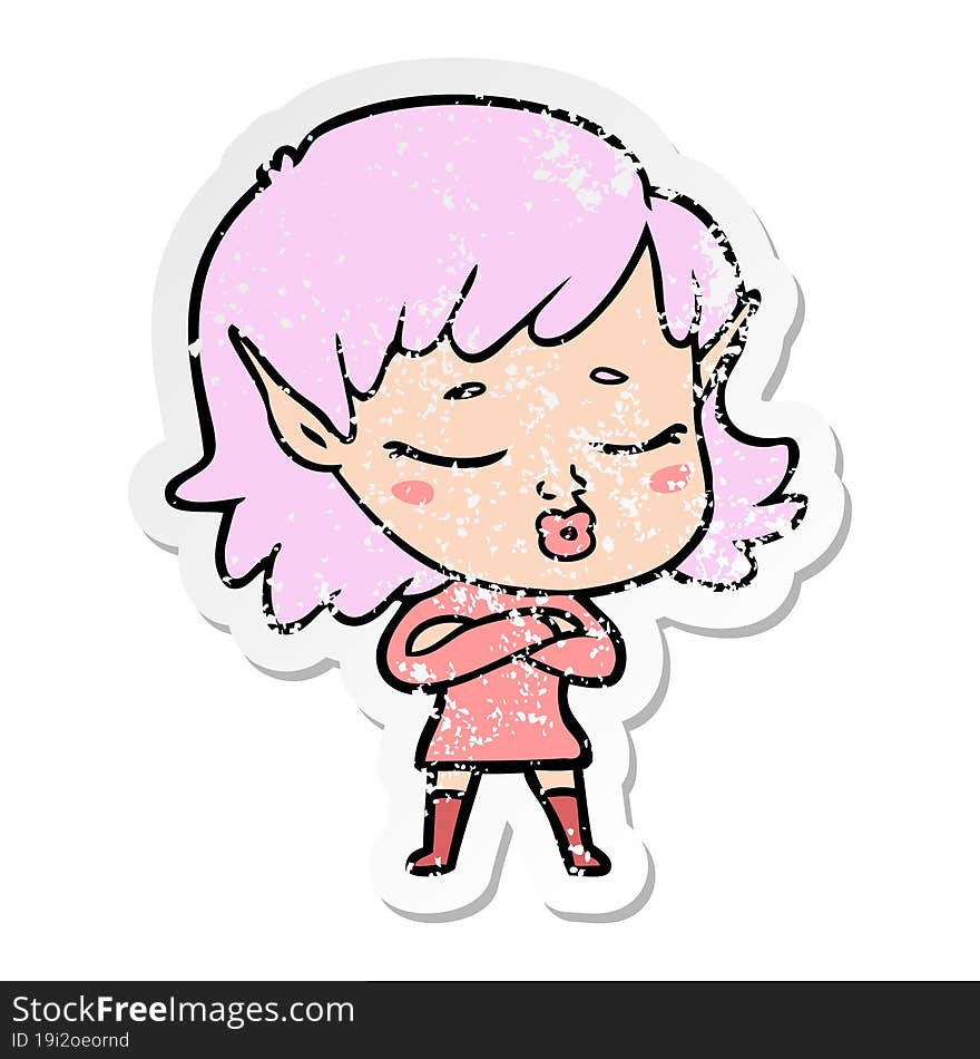 distressed sticker of a pretty cartoon elf girl