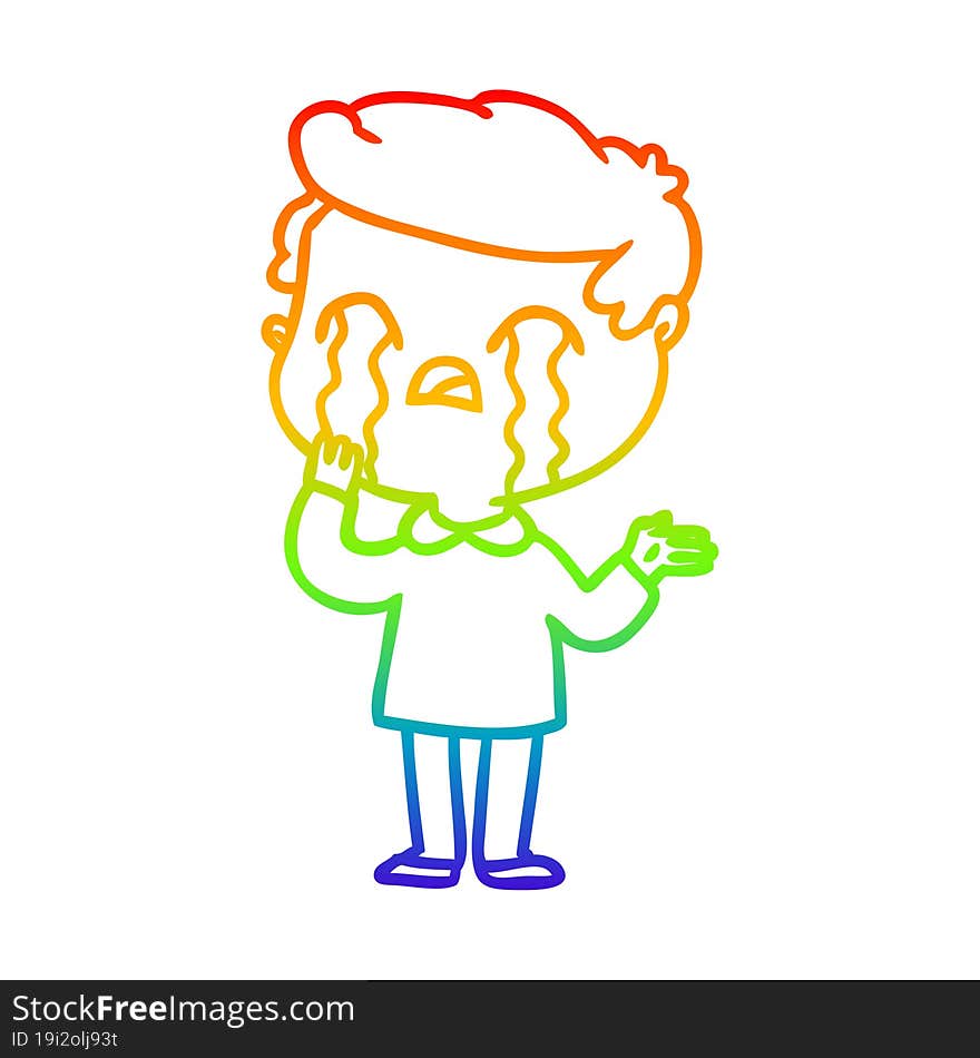 rainbow gradient line drawing of a cartoon man crying