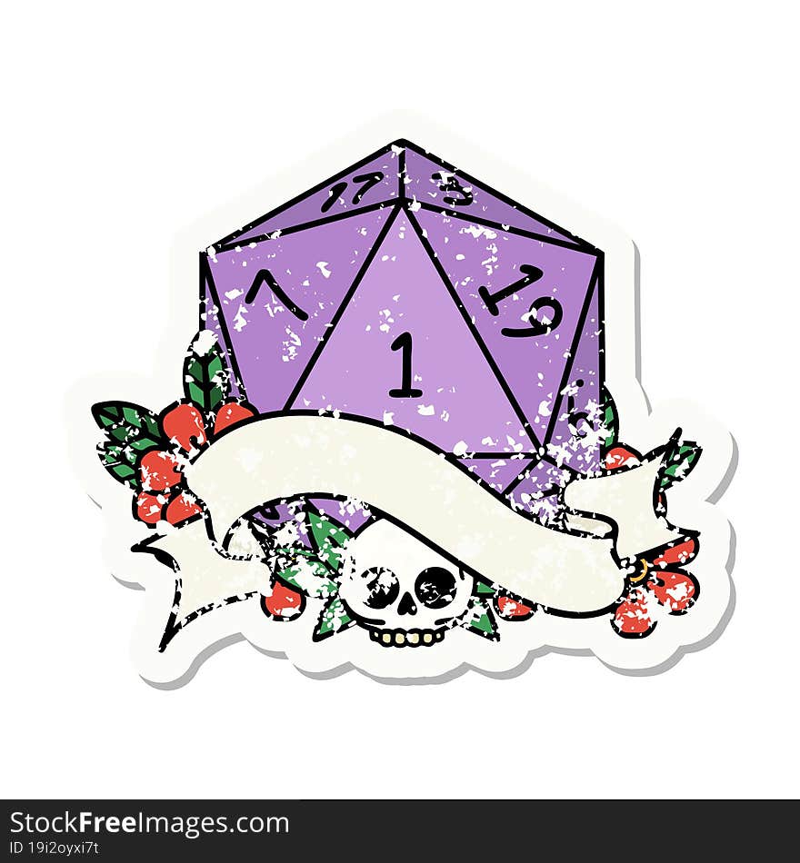 natural one d20 dice roll grunge sticker