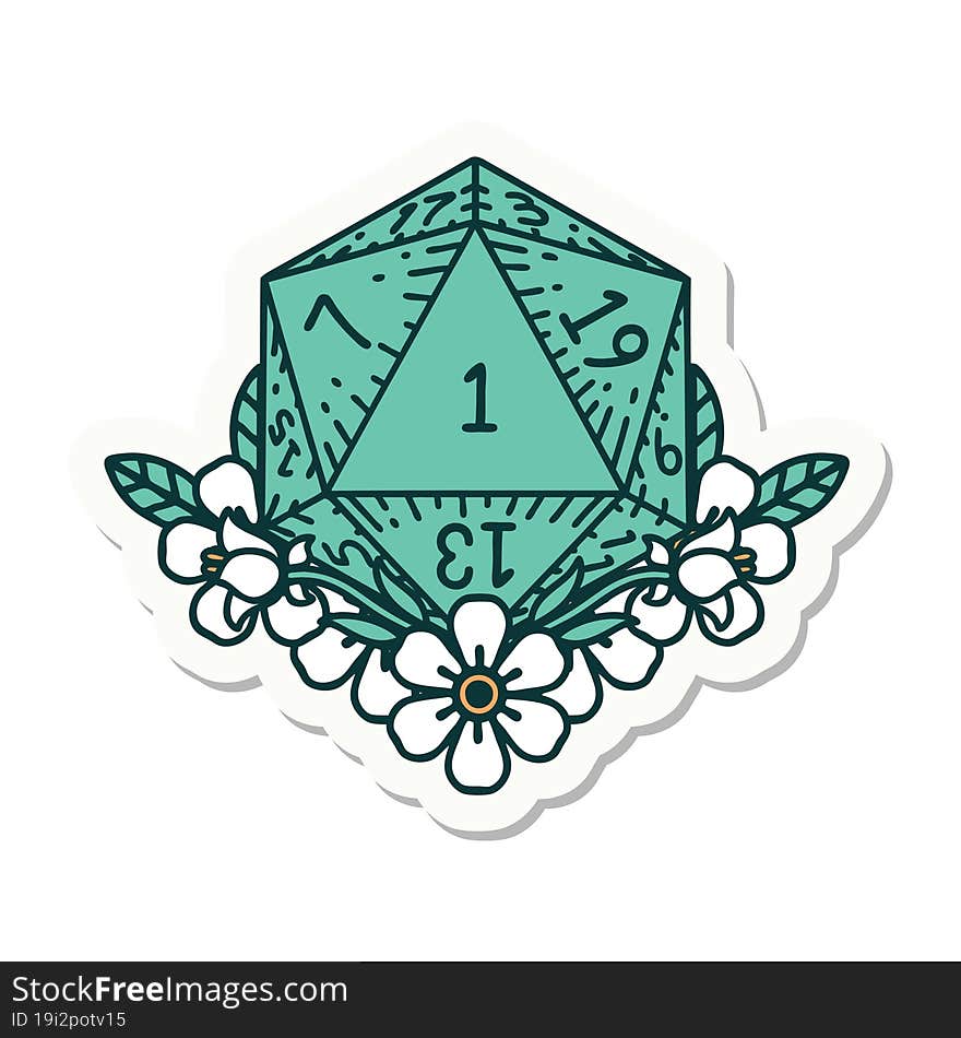 sticker of a natural one dice roll with floral elements. sticker of a natural one dice roll with floral elements