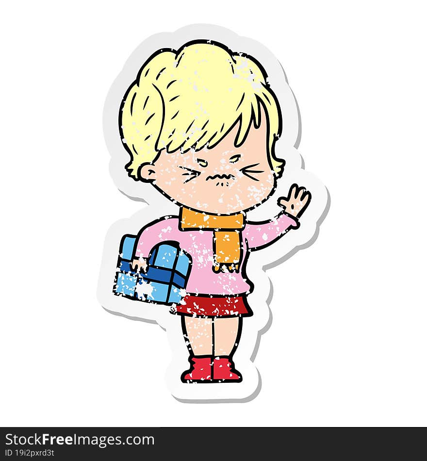 distressed sticker of a cartoon frustrated woman