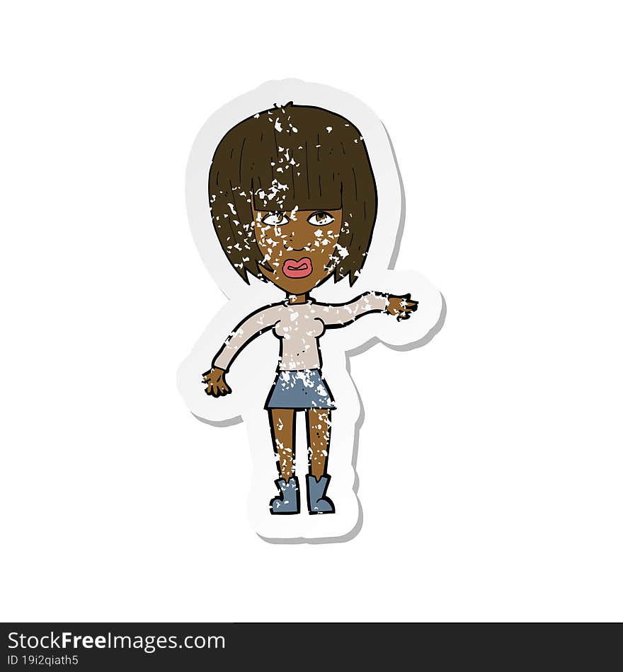 retro distressed sticker of a cartoon woman waving away