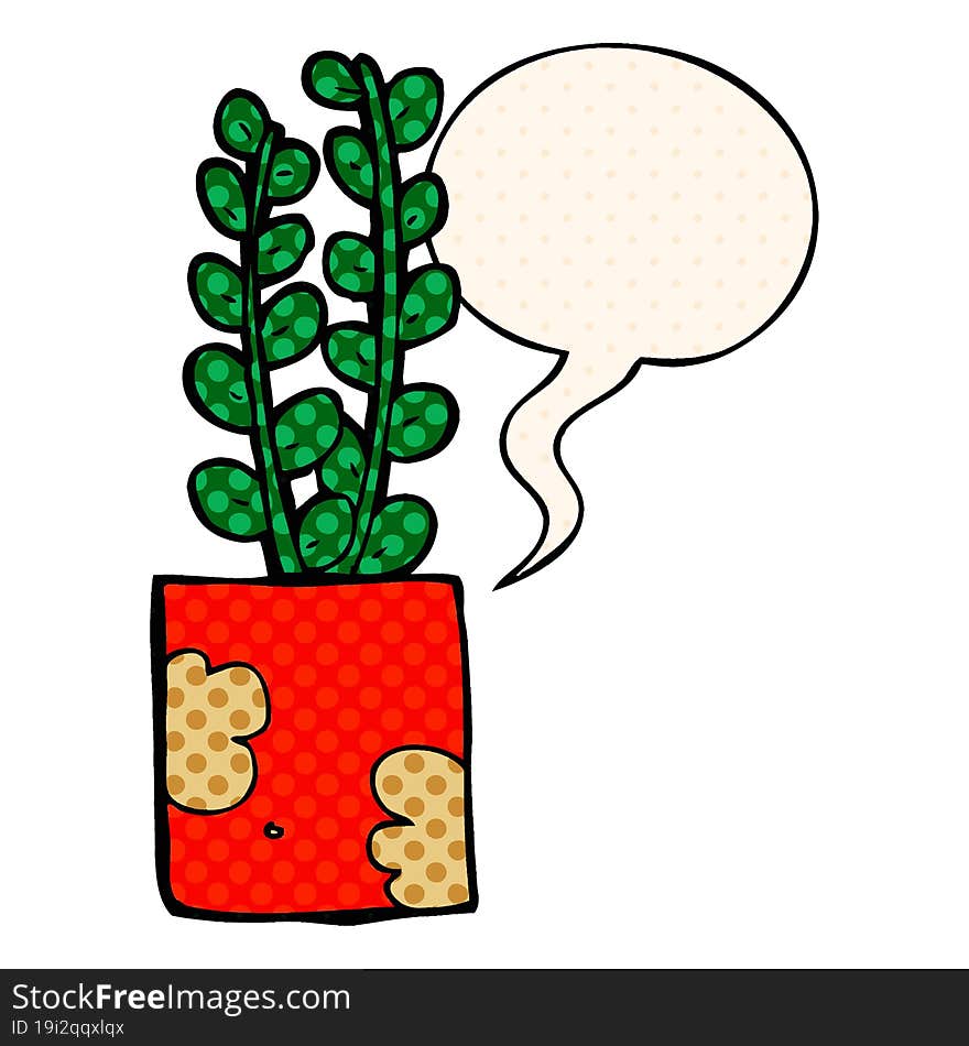 cartoon plant and speech bubble in comic book style