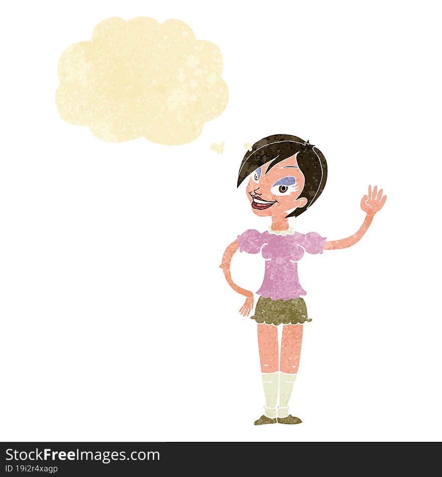 Cartoon Waving Woman With Thought Bubble