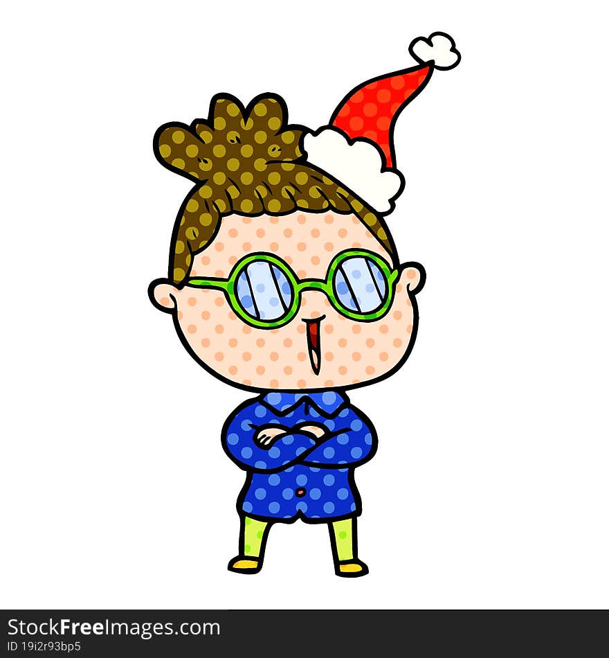 comic book style illustration of a woman wearing spectacles wearing santa hat