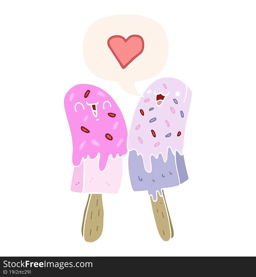 cartoon ice lolly in love with speech bubble in retro style