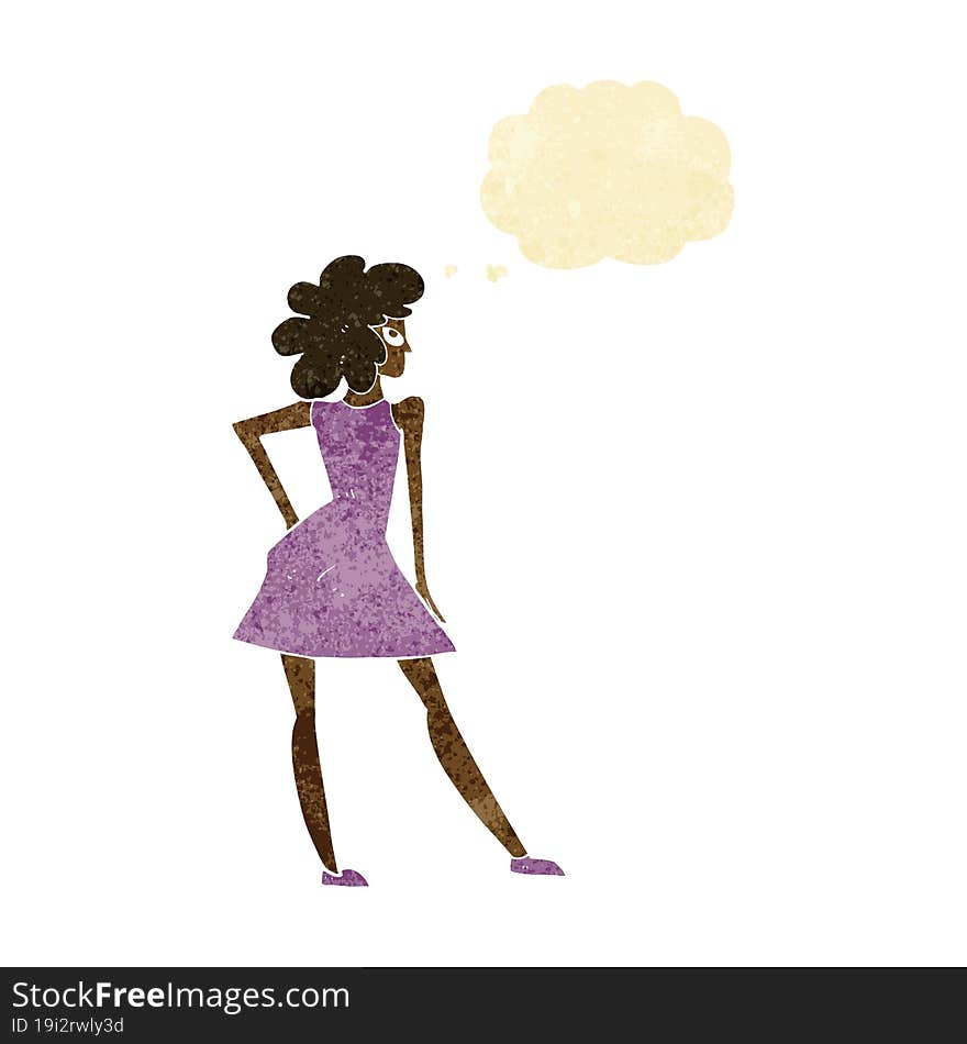 cartoon woman posing in dress with thought bubble