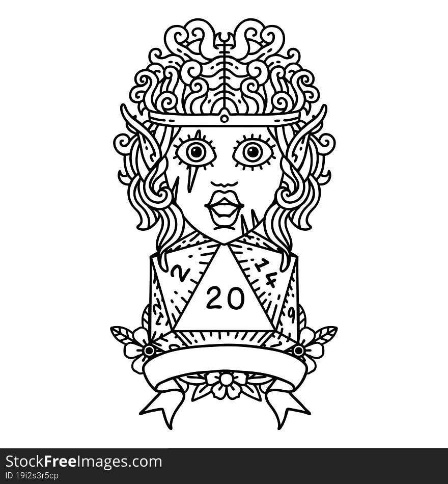 Black and White Tattoo linework Style elf barbarian character with natural twenty dice roll. Black and White Tattoo linework Style elf barbarian character with natural twenty dice roll