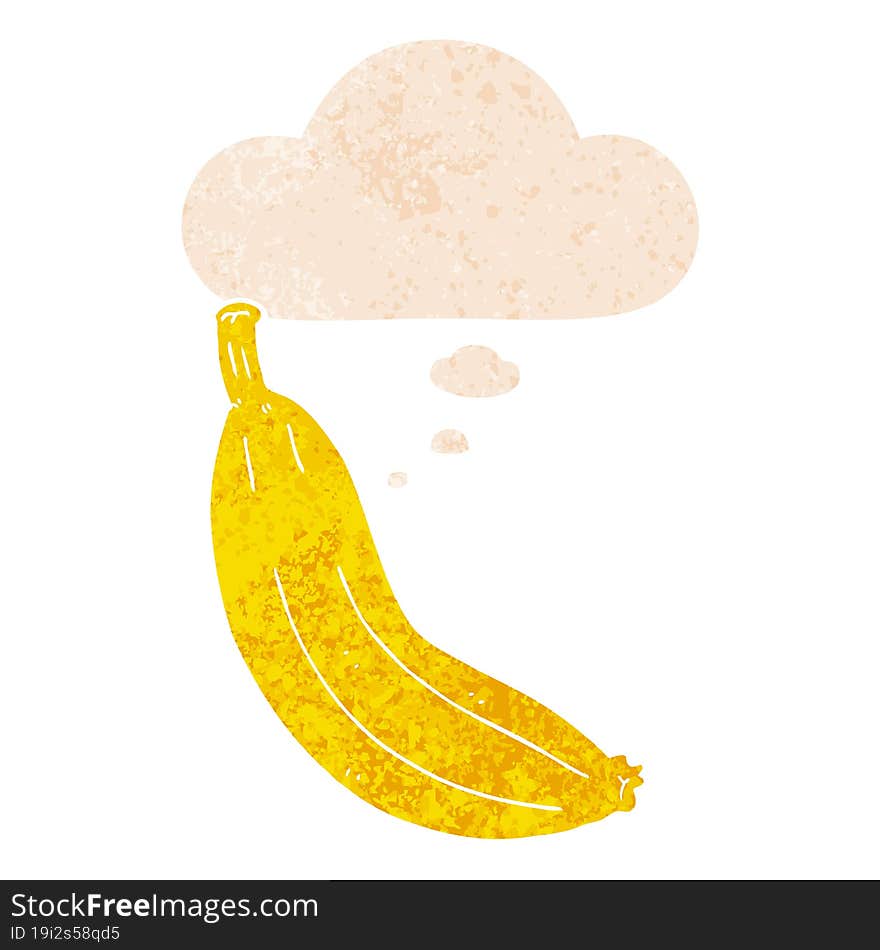 cartoon banana and thought bubble in retro textured style