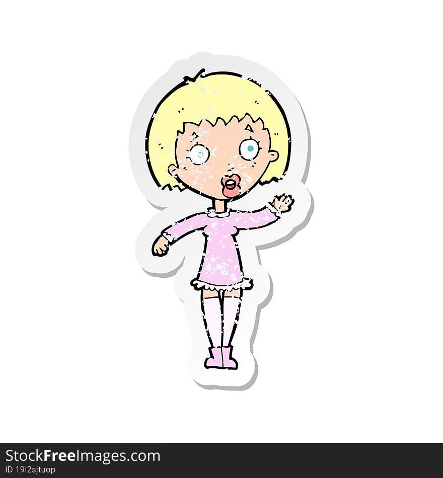 retro distressed sticker of a cartoon waving woman